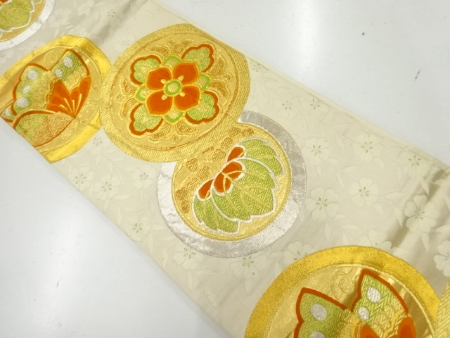 JAPANESE KIMONO / ANTIQUE FUKURO OBI / SILK / WOVEN ROUNDEL & FLOWERS & PAULOWNIA & BUTTERFLY